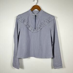 Avec Les Filles Blue White Stripe Zip Front Ruffle Blouse Womens Small